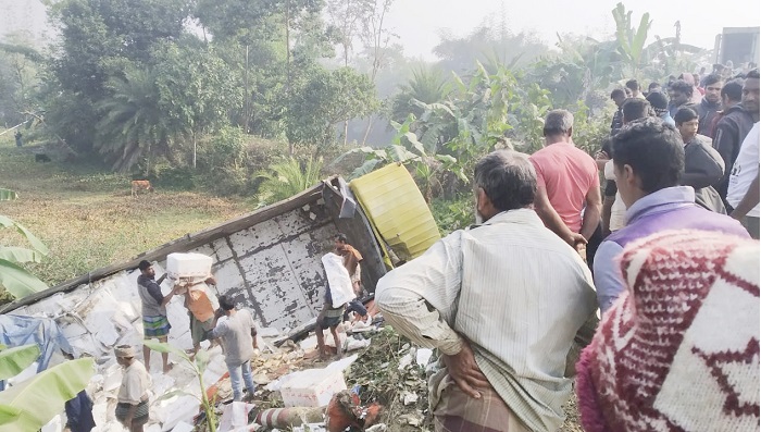 কমলগঞ্জে মাছ বোঝাই ট্রাক খাদে